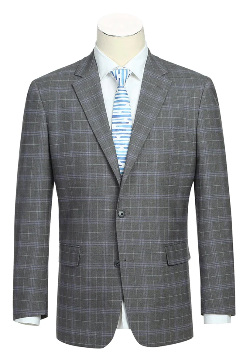 "Classic Fit Men's Two-Button Suit - Dark Grey & Lavender Windowpane Plaid"