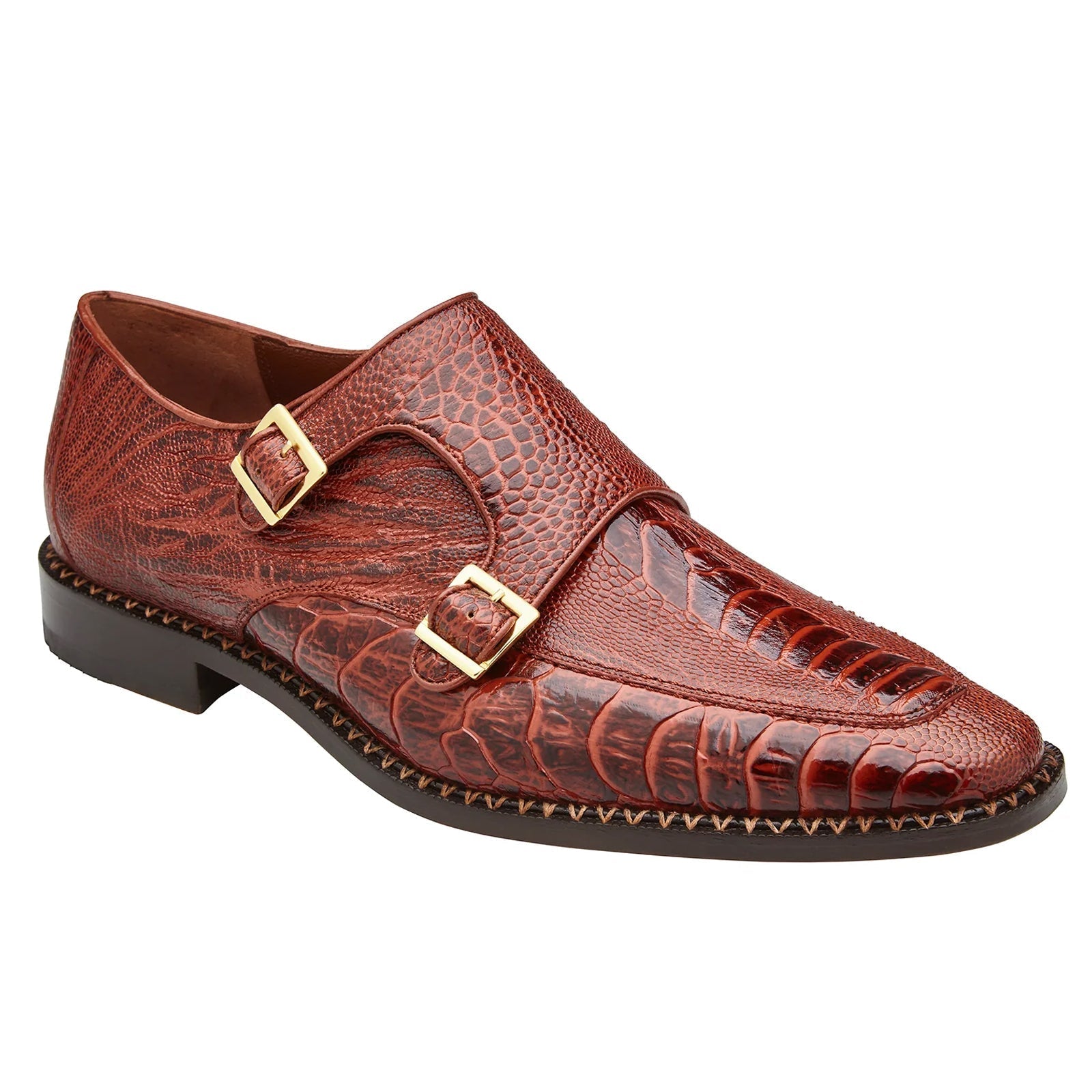 Men's Belvedere Valiente Ostrich Leg Double Monkstrap Dress Shoe in Cognac Brown - 9-M