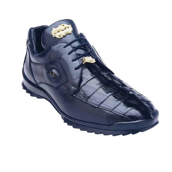Men's Belvedere Vasco Calf & Crocodile Hornback Tail Sneaker in Night Blue - 8-M