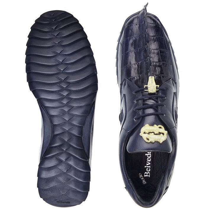Men's Belvedere Vasco Calf & Crocodile Hornback Tail Sneaker in Night Blue - 8-M