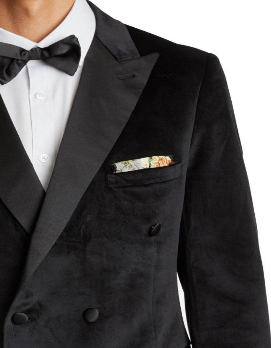 Double Breasted Tuxedo - Velvet Dinner Jacket with Pants in Color Black - Coat Size 38