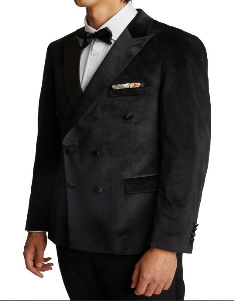 Double Breasted Tuxedo - Velvet Dinner Jacket with Pants in Color Black - Coat Size 38