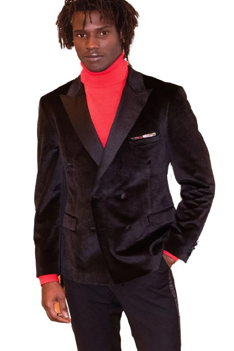 Double Breasted Tuxedo - Velvet Dinner Jacket with Pants in Color Black