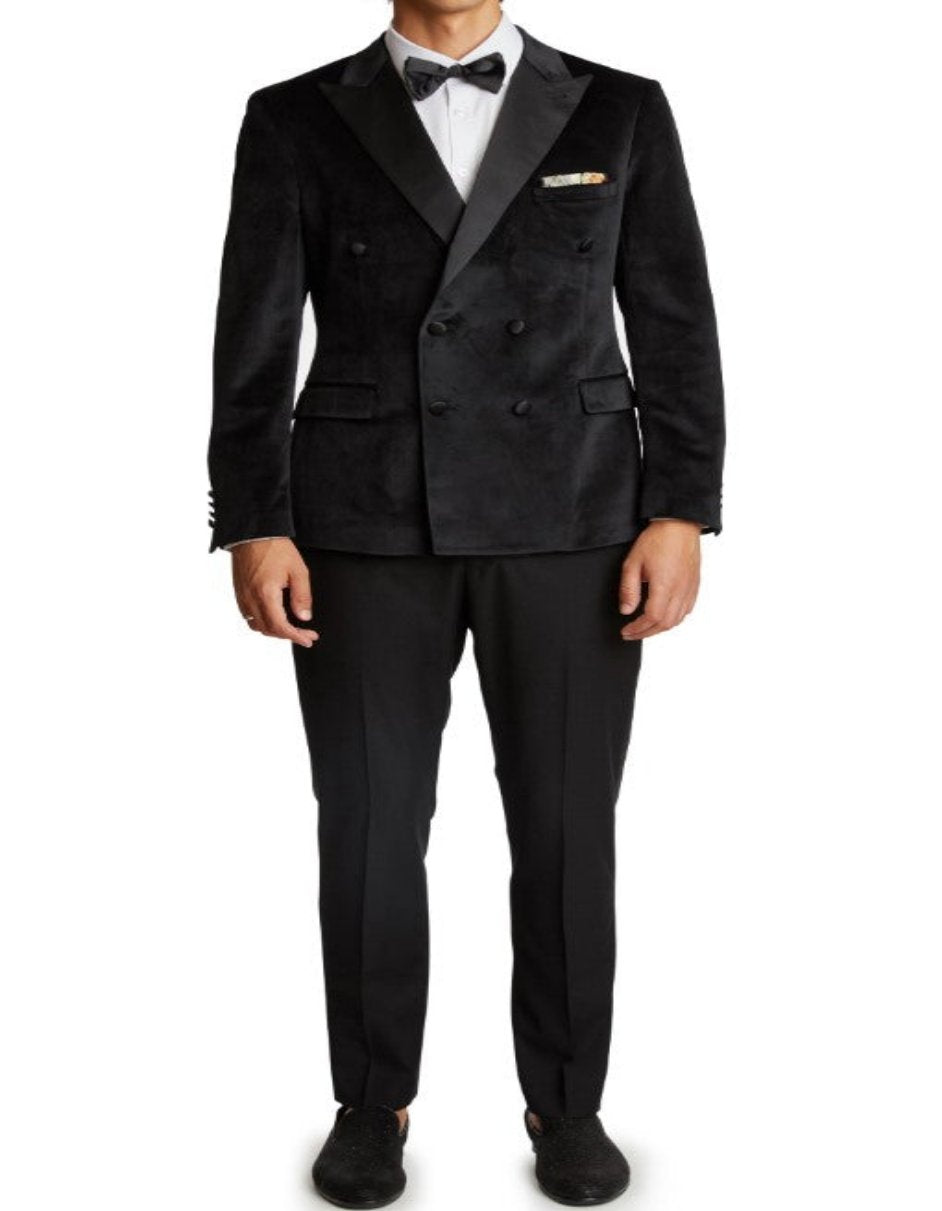 Double Breasted Tuxedo - Velvet Dinner Jacket with Pants in Color Black - Coat Size 38