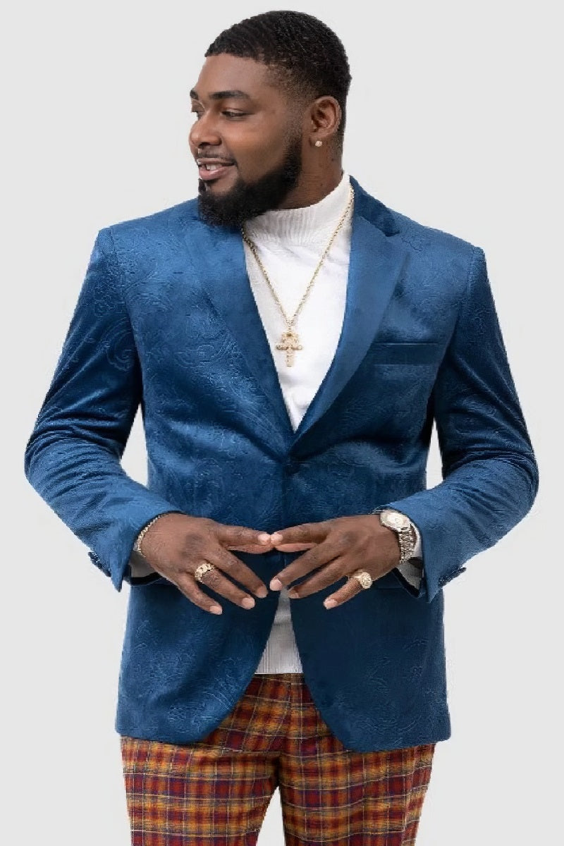 Paisley Blazer - Prom 2025 Tuxedo Dinner Jacket - Velvet Sport Jacket in Color Blue - 36 Short