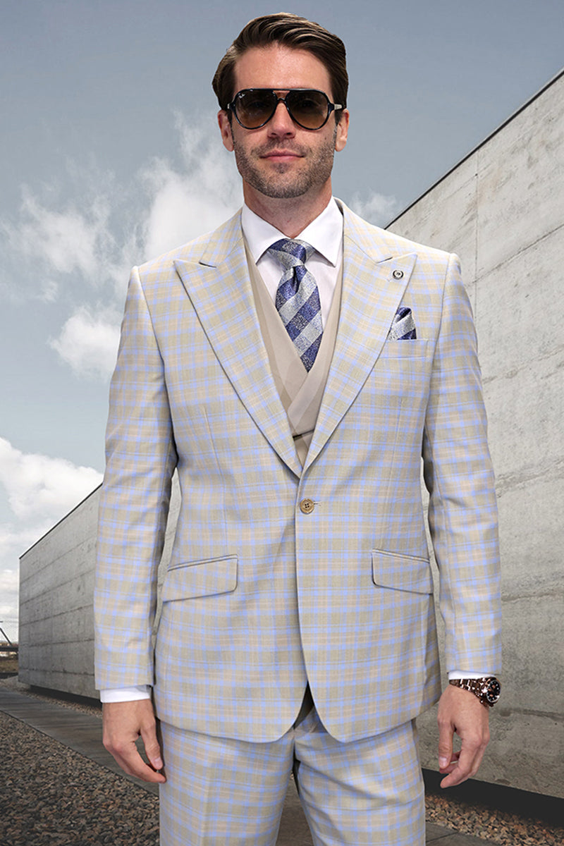 Men's One Button Peak Lapel Wool Vested Suit in Tan Windowpane Plaid - 36 Short
