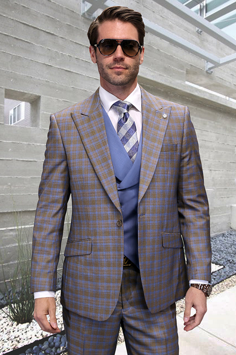 Men's One Button Peak Lapel Wool Vested Suit in Taupe Windowpane Plaid - 36 Short