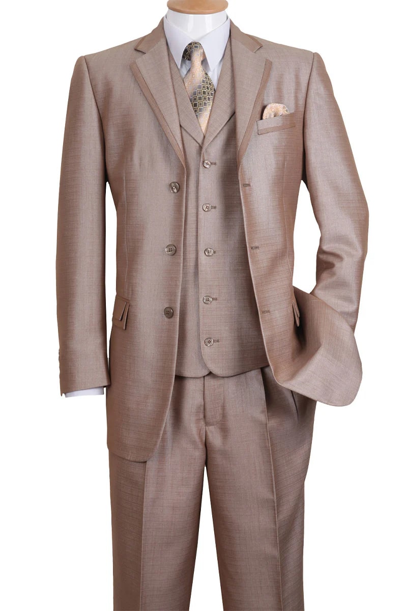 Mens 3 Button Vested Fashion Suit with Lapel Trim in Tan - 38 Short Jacket+32 Waist Adjustable 28to34)(Height: 5 4 to5 7 )(Neck  15-16.5)S-M)
