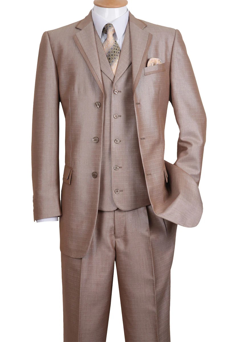 Mens 3 Button Vested Fashion Suit with Lapel Trim in Tan