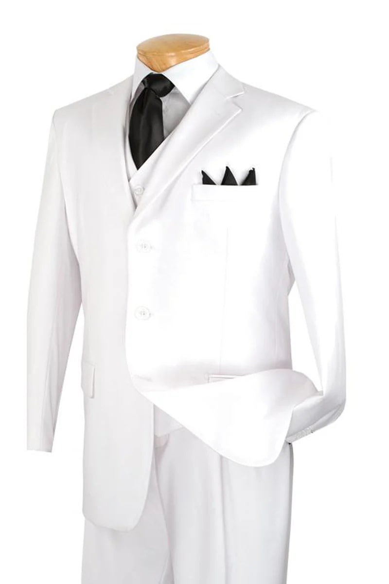 Mens Classic 3 Button Vested Dress Suit in White
