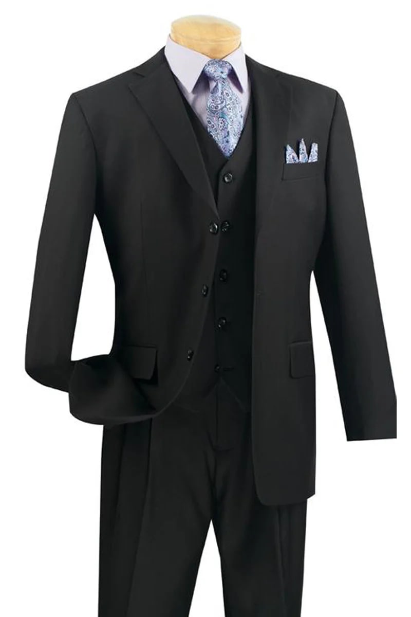 Mens Classic 3 Button Vested Dress Suit in Black - 38 Short Jacket+32 Waist Adjustable 28to34)(Height: 5 4 to5 7 )(Neck  15-16.5)S-M)