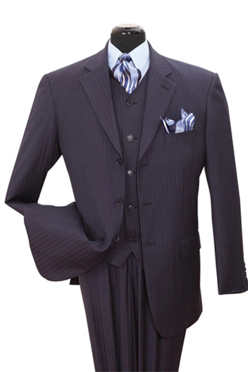 Mens Vested Wide Tonal Stripe Suit in Navy - 38 Short Jacket+32 Waist Adjustable 28to34)(Height: 5 4 to5 7 )(Neck  15-16.5)S-M)