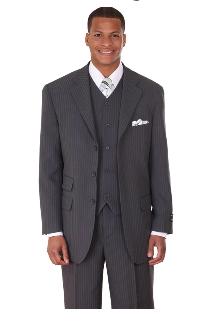 Mens Vested 3 Button Classic Fit Banker Pinstripe Suit in Grey