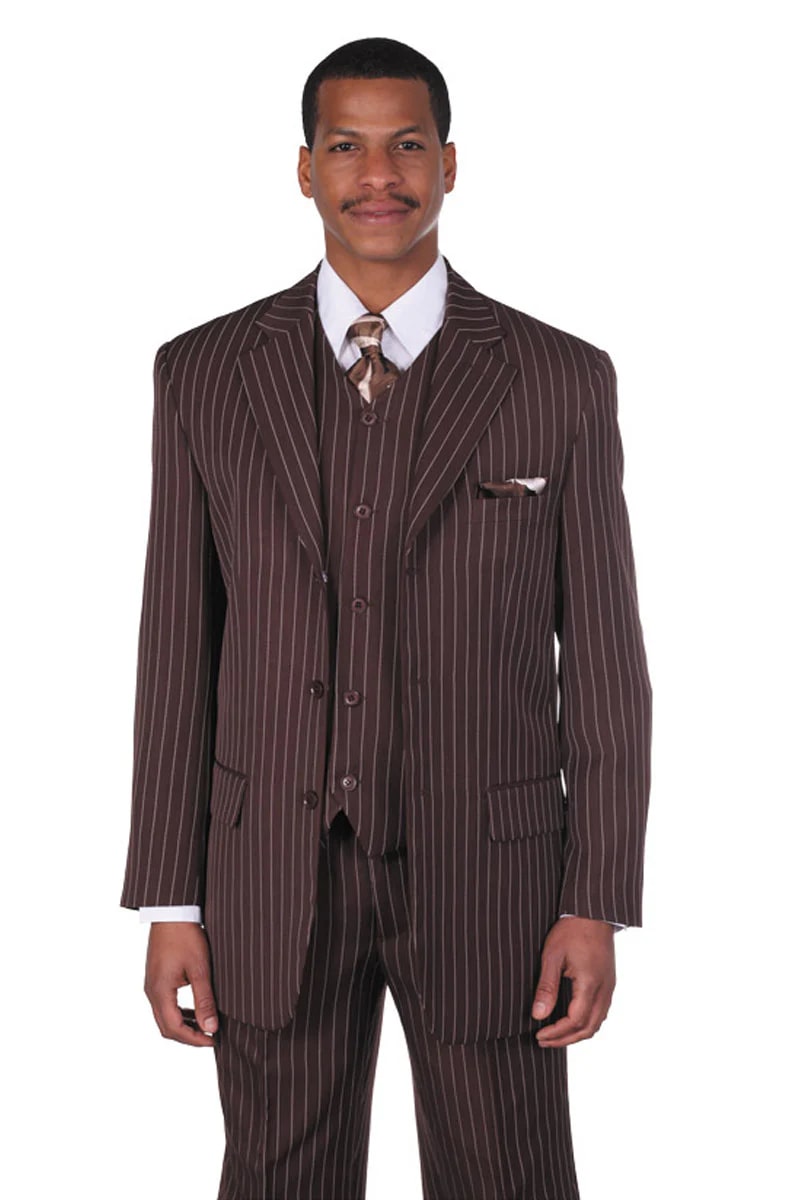 Mens 3 Button Vested 1920's Gangster Pinstripe Suit in Brown Pinstripe