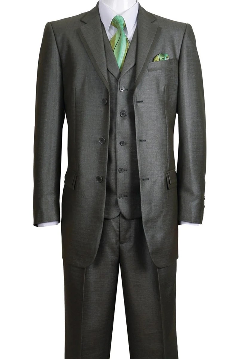 Mens 3 Button Vested Fashion Suit with Lapel Trim in Olive