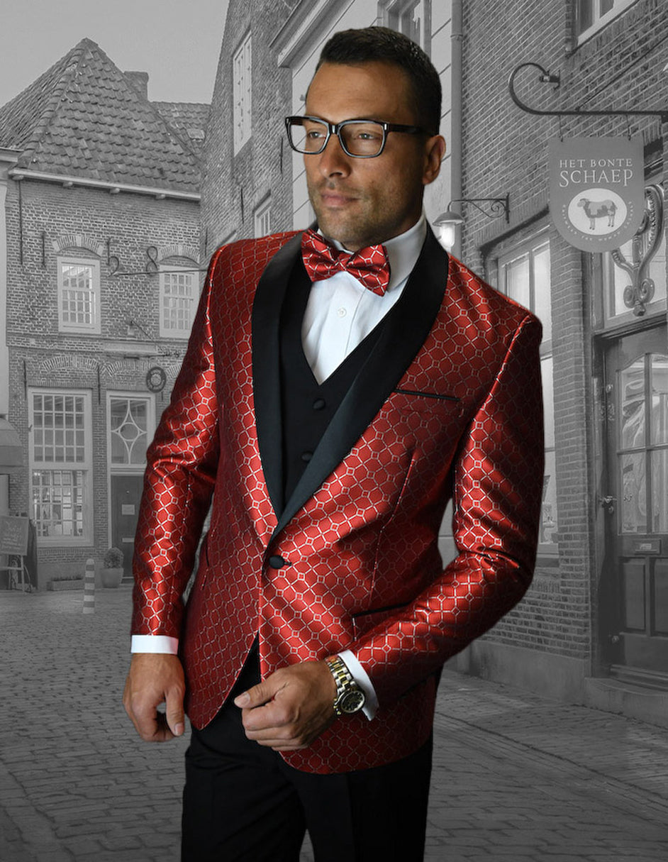 Mens Vested One Button Shawl Tuxedo in Geometric Chain Print in Red - 36 Short