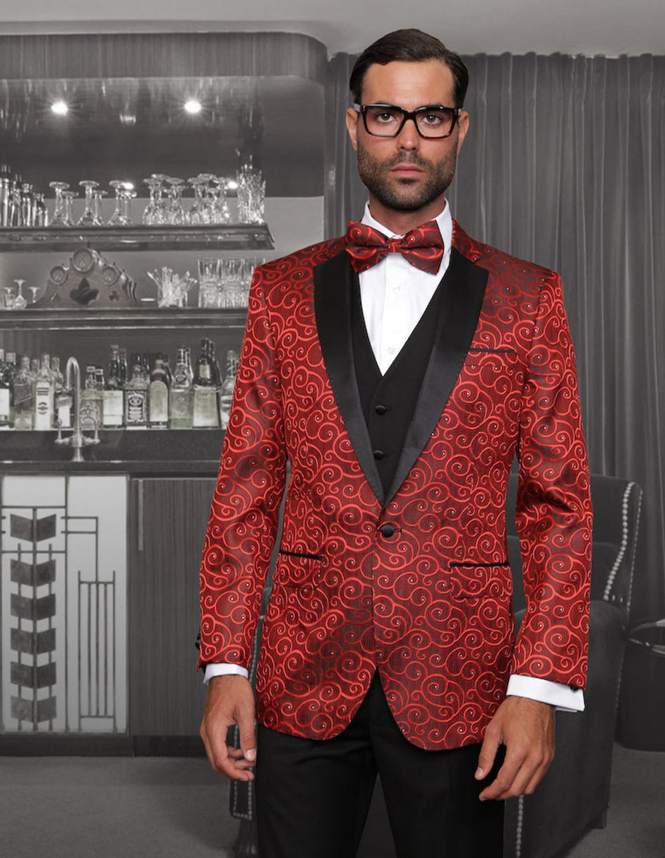 Mens Vested Swirl Patter Notch Lapel Tuxedo in Red - 40 Short