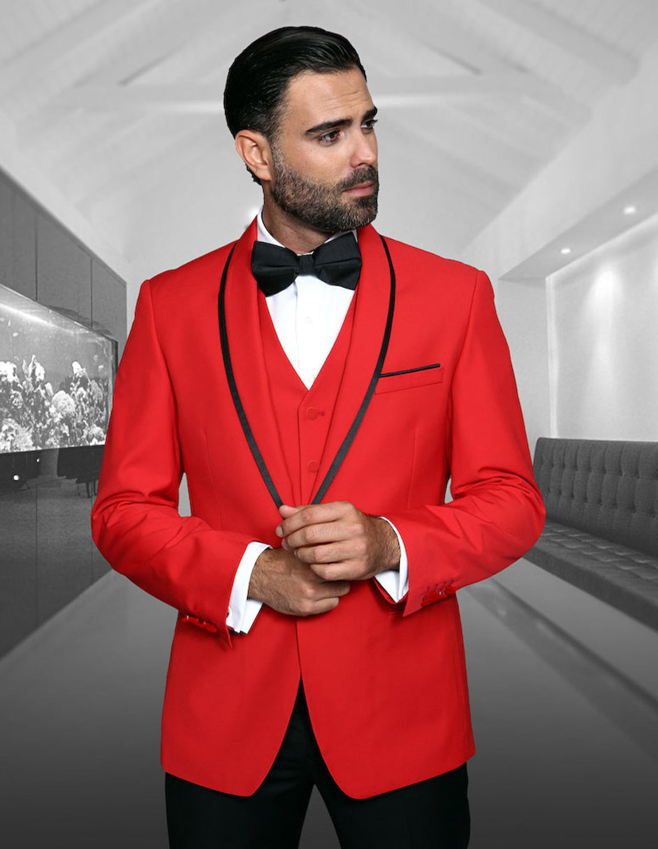 Mens Vested Wool Tuxedo in Shawl Lapel with Satin Trim in Red & Black - 36 Short