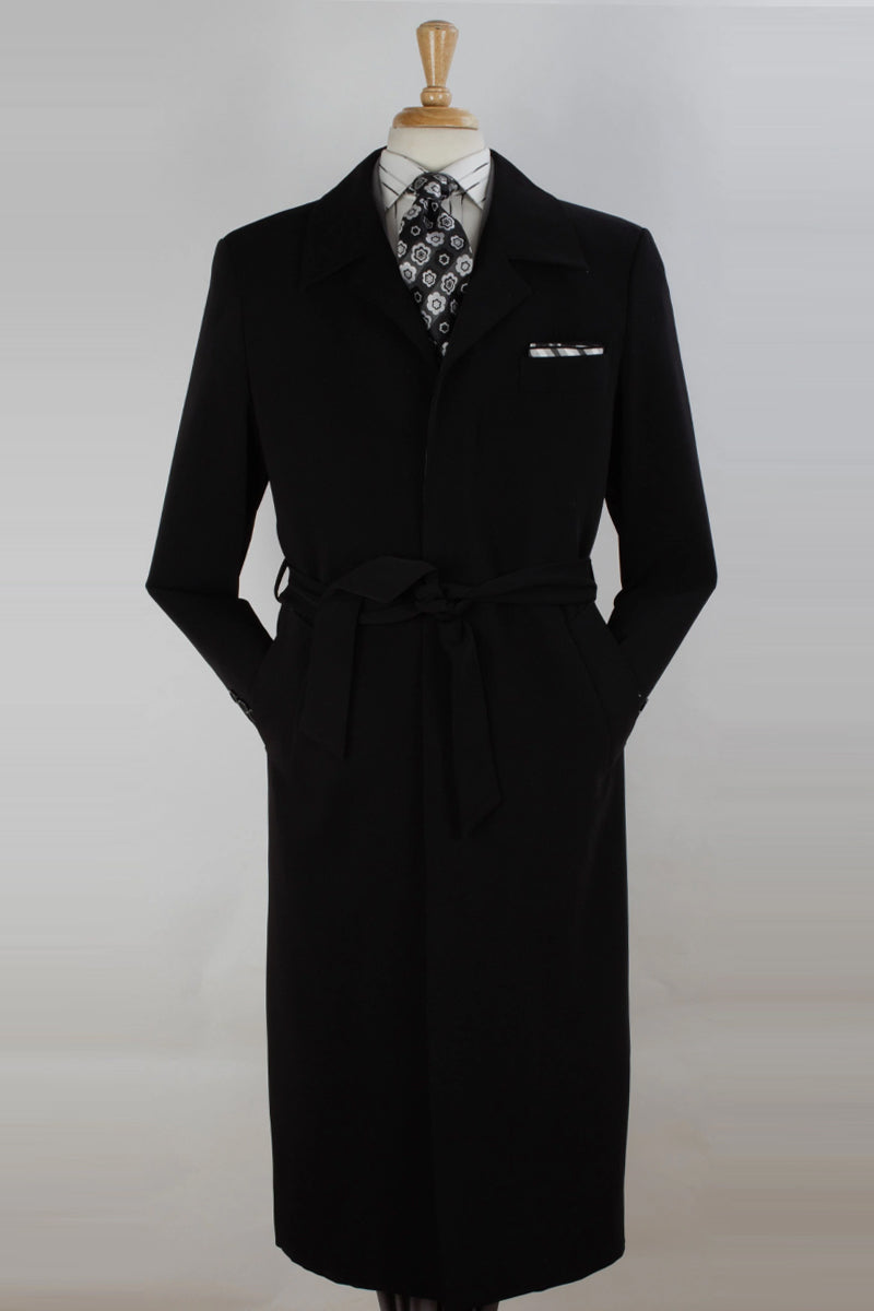 "Black Wool Overcoat for Men - Full Length & Belted"
