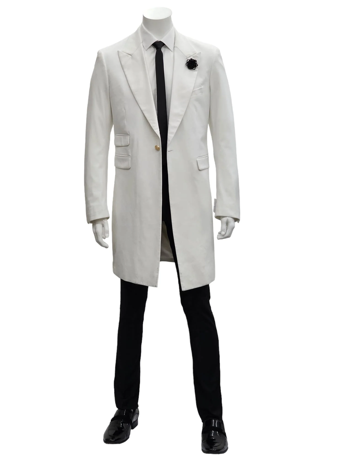 Mens White Velvet Victorian Tailcoat Tuxedo Three Quarter Length Cutaway Stage And Wedding Jacket
