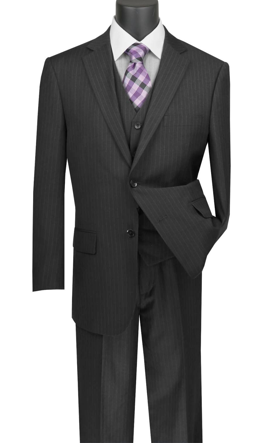 Sovana Collection - Regular Fit 3 Piece Suit 2 Button Tone on Tone Stripe in Black - Black