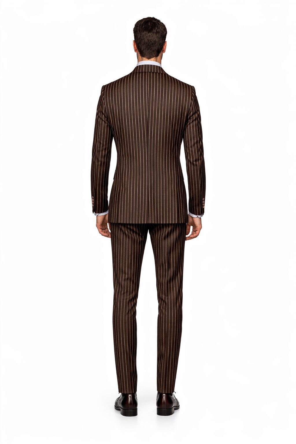 Men's Designer Double Breasted Wool Suit in Bold Brown Gangster Pinstripe.