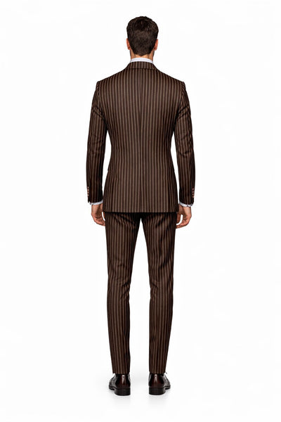 Men's Designer Double Breasted Wool Suit in Bold Brown Gangster Pinstripe.