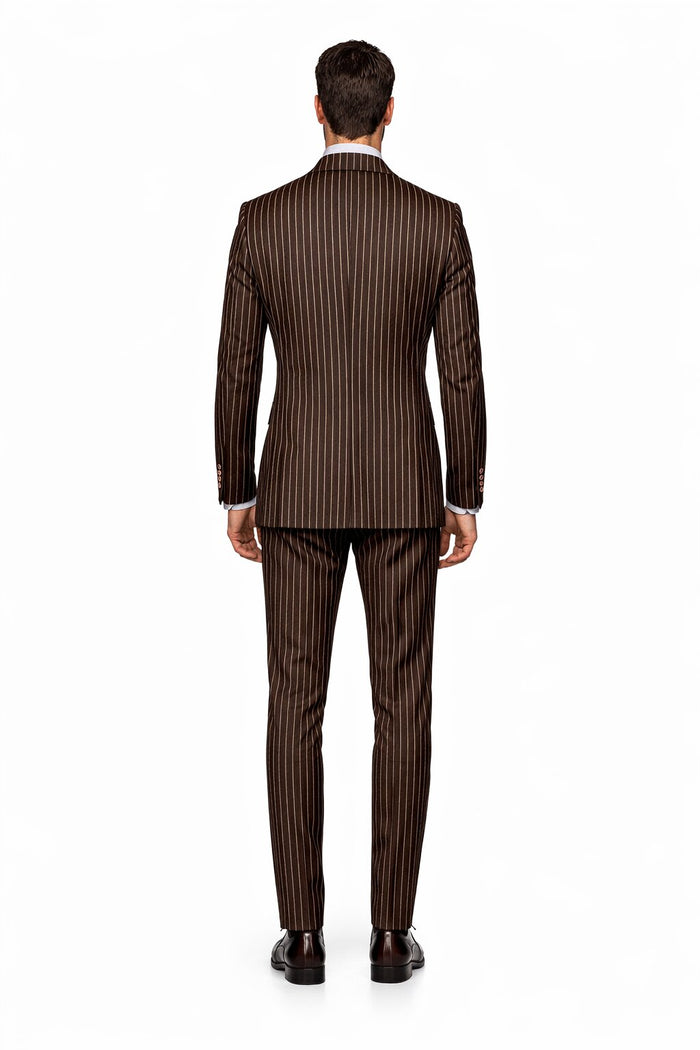 Men's Designer Double Breasted Wool Suit in Bold Brown Gangster Pinstripe.