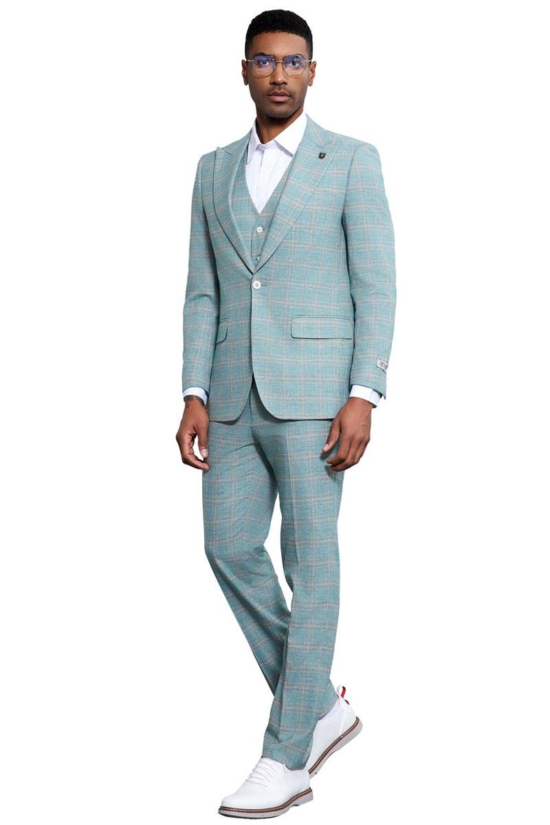 Men's Stacy Adams Vested Peak Lapel Light Turquoise Green Plaid Prom & Wedding Suit - 38 Regular