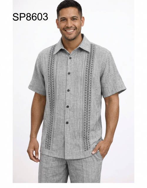 Men’s Gray Embroidered Walking Suit Set – 2 Piece Short Sleeve Casual Outfit