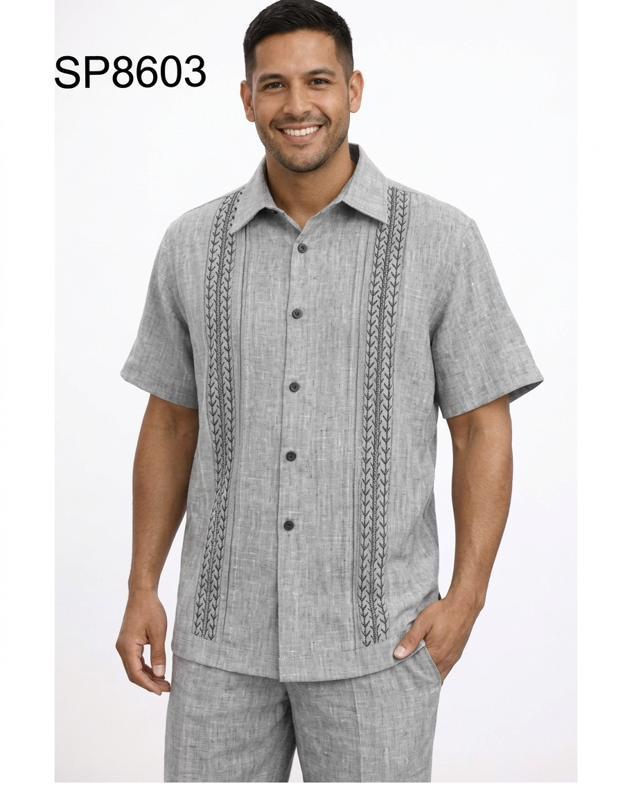 Men’s Gray Embroidered Walking Suit Set – 2 Piece Short Sleeve Casual Outfit - S