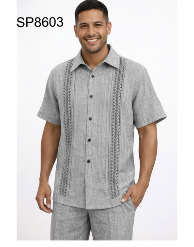 Men’s Gray Embroidered Walking Suit Set – 2 Piece Short Sleeve Casual Outfit