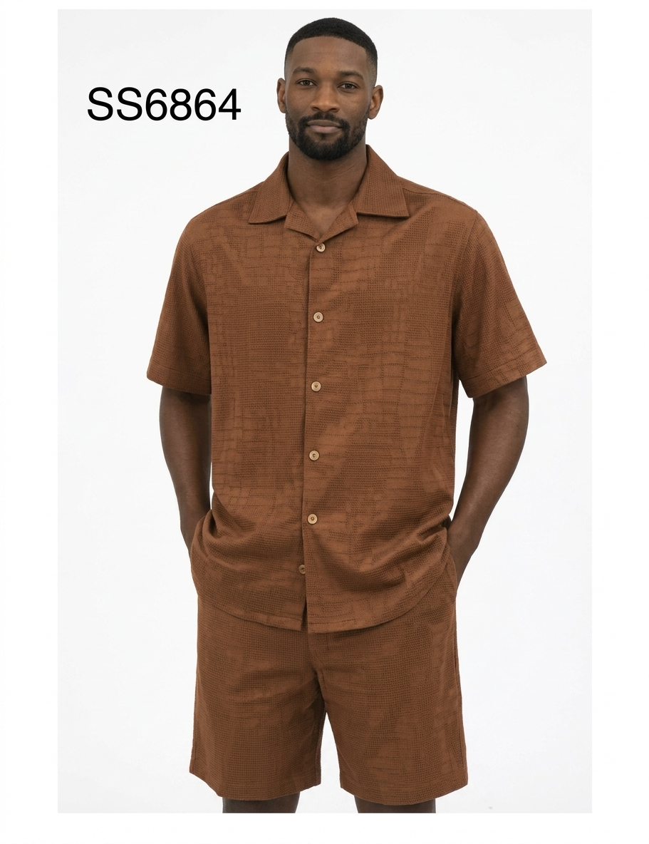 Men’s Brown Textured Short Set – 2 Piece Short Sleeve Casual Summer Outfit - S