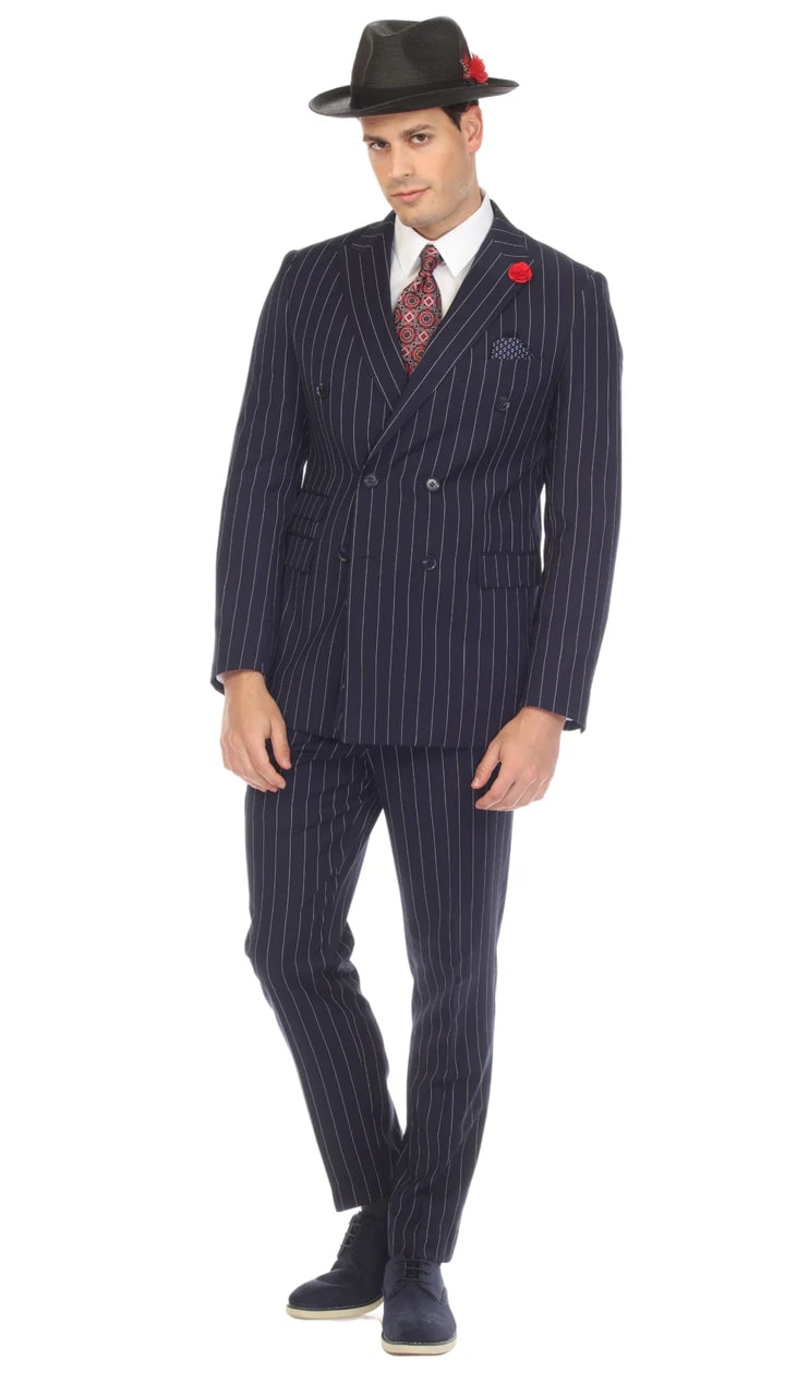 Newbury Navy White Mens 6 Button Slim Peak Lapel Suit With Double Breasted Suit Pick Stitching Ticket Pocket - 38 Short Jacket+32 Waist Adjustable 28to34)(Height: 5 4 to5 7 )(Neck  15-16.5)S-M)