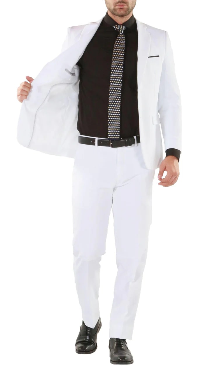 Paul Lorenzo Mens White Slim Fit 2 Piece Suit - 38 Short Jacket+32 Waist Adjustable 28to34)(Height: 5 4 to5 7 )(Neck  15-16.5)S-M)