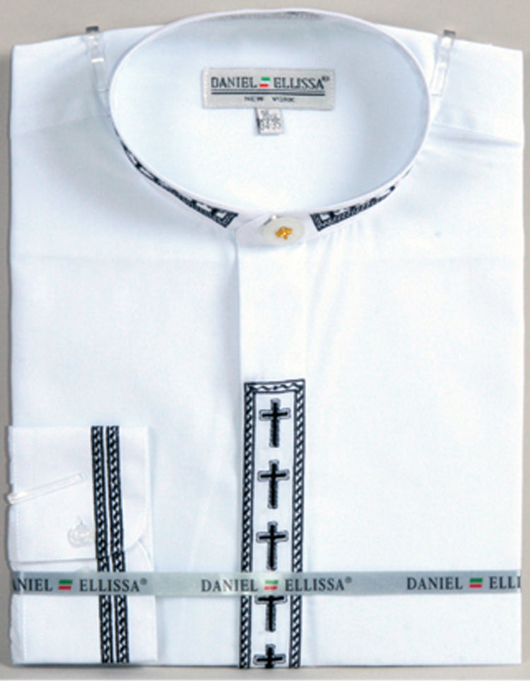 "Men's Clergy Shirt - Cross Embroidered Banded Collar in White & Black" - 15Â½ 32/33
