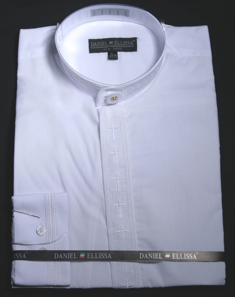 "White Men's Clergy Shirt with Cross Embroidery - Banded Collar Dress"