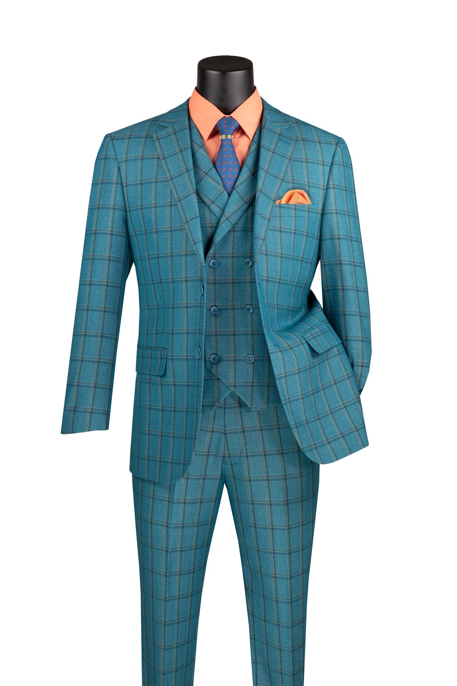 La Scale Collection-Windowpane Three Piece Suit - Teal - 36 Short  - 30 Waist