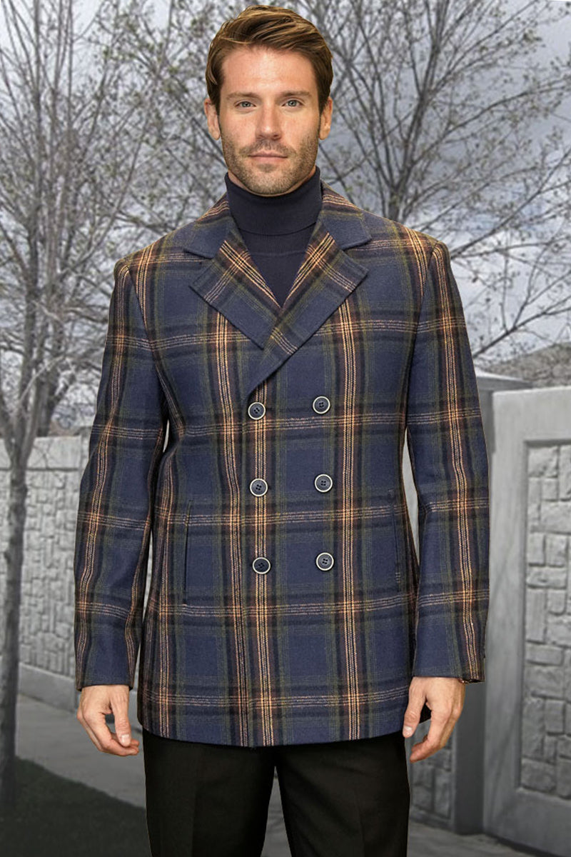 Men's Designer 100% Wool Winter Peacoat in Blue & Gold Plaid - 38 Regular