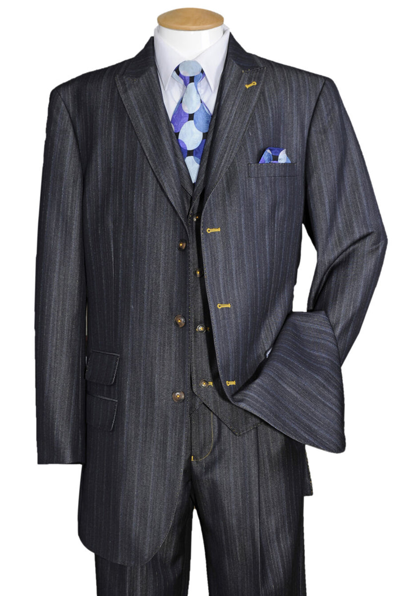 "Men's Navy Blue Denim Suit - 3 Button Vested Peak Lapel"