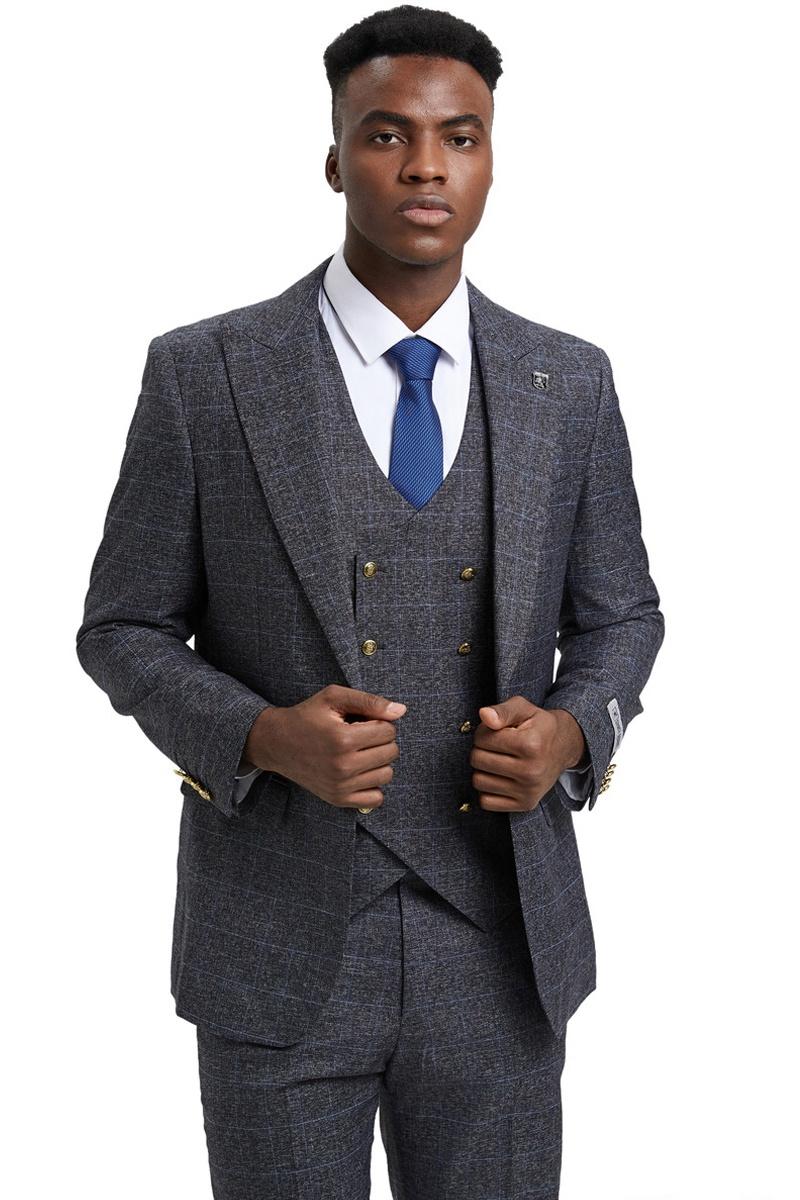 Men's Stacy Adams Peak Lapel Suit with Double Breasted Vest in Charcoal Grey Windowpane Plaid - 38 Regular