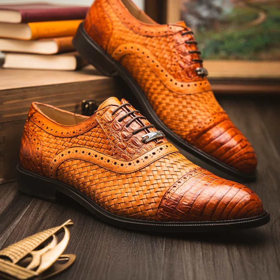 Marco Di Milano John Men's Shoes Exotic Caiman Crocodile / Woven Leather Dress Oxfords - 8.5