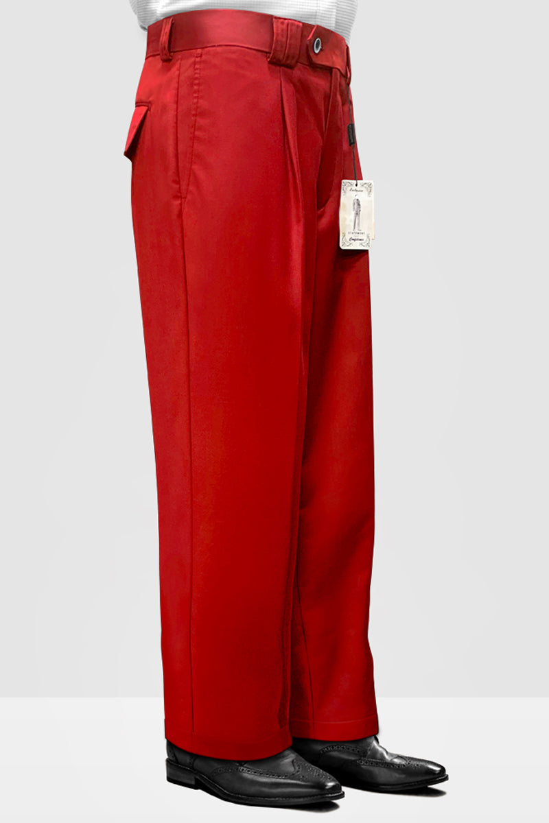 Men's Designer Wool Pleated Wide Leg Dress Pants in Red - 28