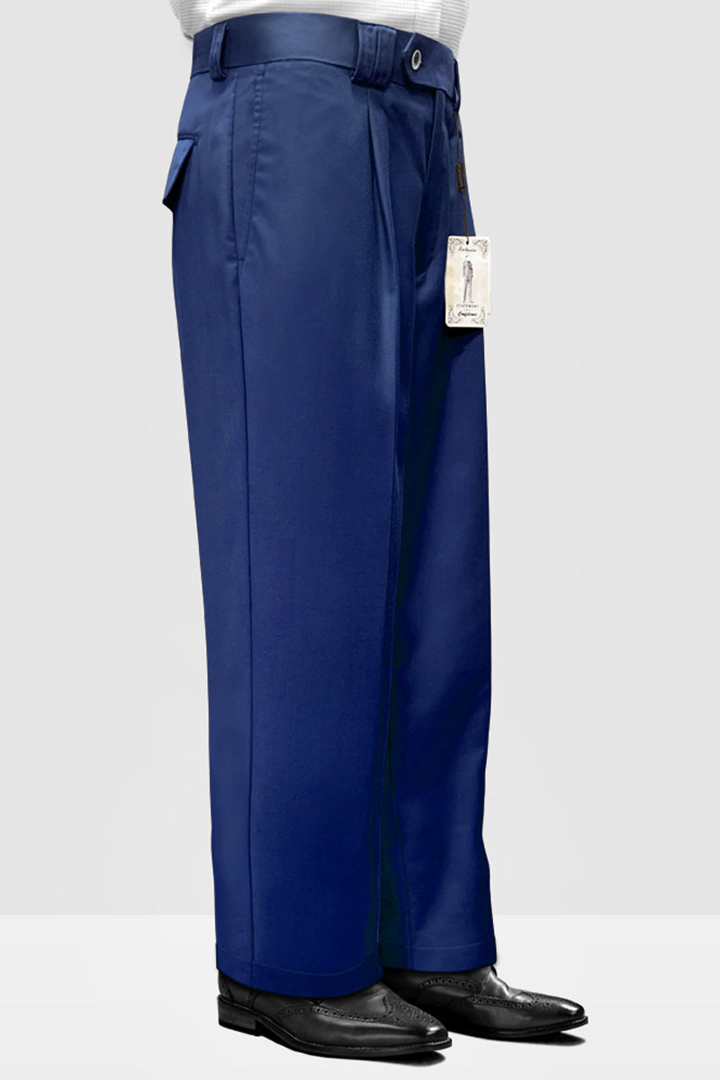 Men's Designer Wool Pleated Wide Leg Dress Pants in Sapphire Blue - 28
