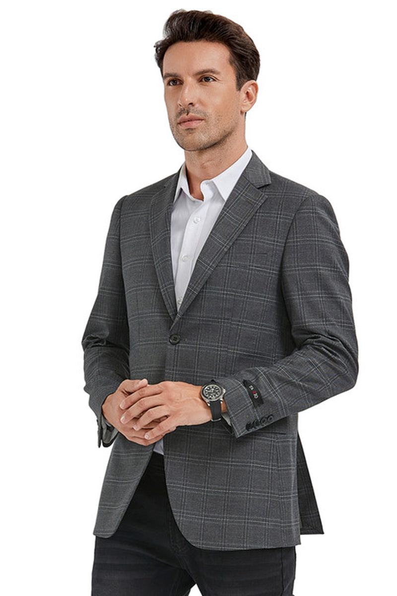"Grey Windowpane Plaid Men's Slim Fit Blazer - 2 Button Sport Coat"