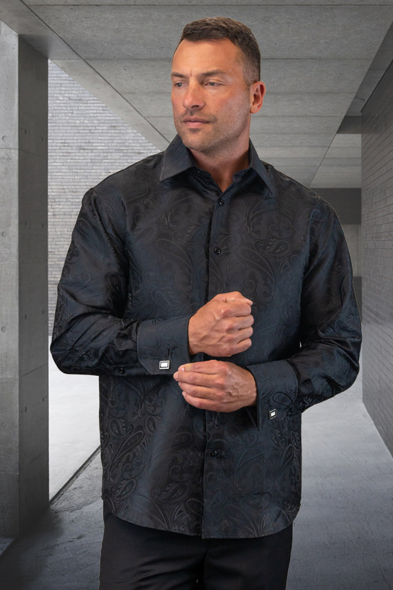 Men's Fancy Long Sleeve Woven Paisley Dress Shirt in Black - Small