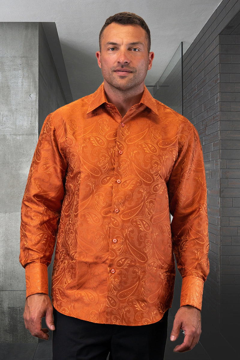 Men's Fancy Long Sleeve Woven Paisley Dress Shirt in Copper - Small