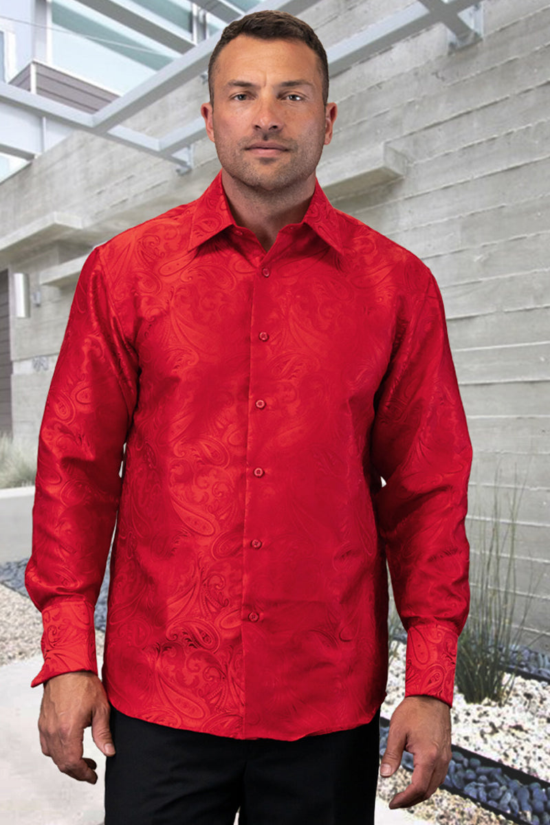 Men's Fancy Long Sleeve Woven Paisley Dress Shirt in Red - Small