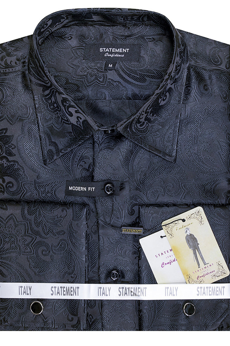 Men's Fancy Long Sleeve Woven Paisley French Cuff Dress Shirt in Black - Small