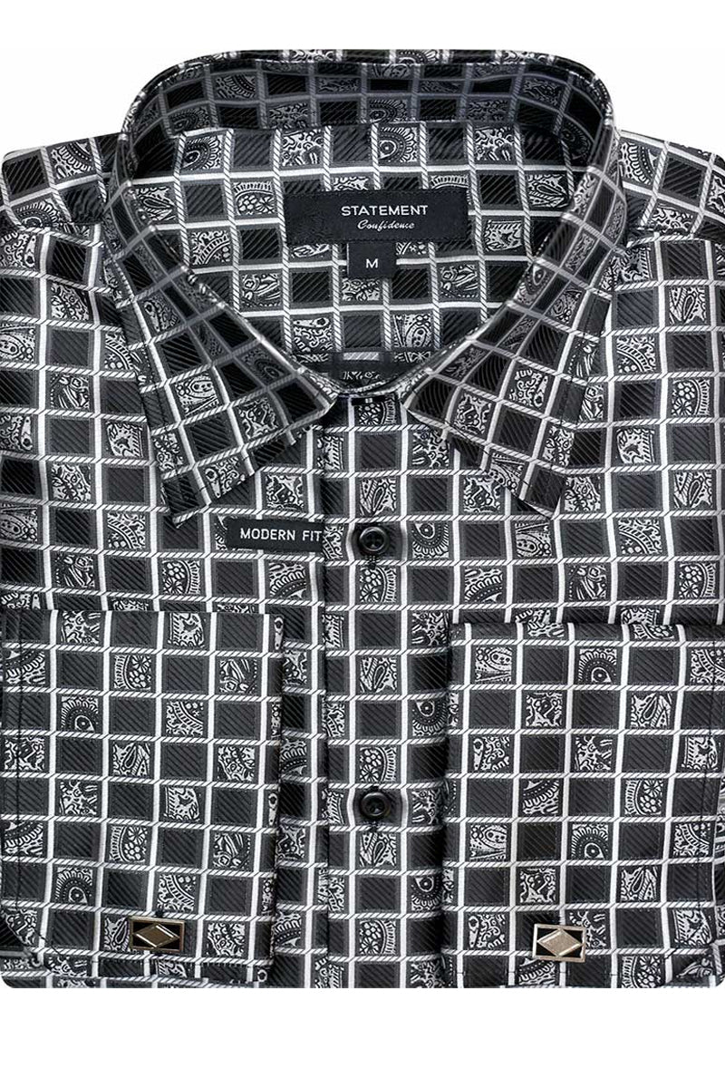 Men's Fancy French Cuff Long Sleeve Dress Shirt in Black Windowpane Plaid - Small